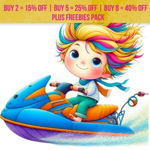 10 Rainbow Hair Boy Driving Jet Ski Clipart JPG, Summer Beach Adventure Clip Art, Cute Cartoon Boy Image, Water Sports Digital Art Download