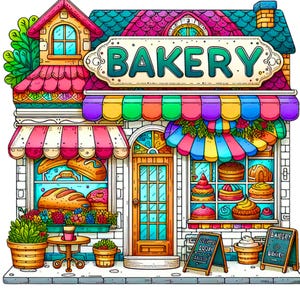 10 kleurrijke bakkerij storefront clipart png transparant, schattig café bakkerij illustratie illustraties, banketbakkerij digitale kunst, brood en banketbakkerij