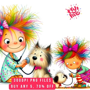May include: A digital illustration featuring two cartoon characters with vibrant, multi-colored hair using stethoscopes to examine two small dogs. The text "try me" appears in the upper right corner, and a pink banner reads "300DPI PNG FILES BUY ANY 5, 70% OFF".