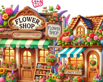 10 Clipart PNG trasparenti di vetrine di negozi di fiori stravaganti, clipart digitali istantanee di negozi di fiori colorati, negozio di fiori carino