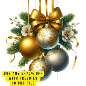 Gold & Silver Christmas Baubles Clipart: Holiday Ornaments (PNG Digital Download)