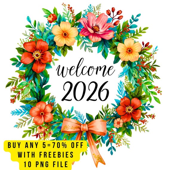 10 Welcome 2026 Floral Wreath PNG Clipart, New Year Watercolor