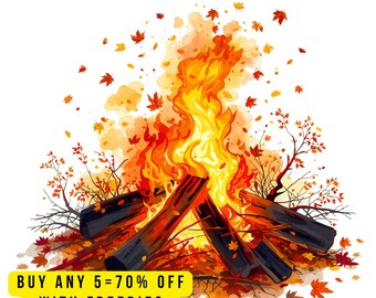 10 Autumn Bonfire Clipart PNG, Cozy Fall Fire Clip Art, Campfire Rustic Fall Flames, Autumn Camping Fire, Wood Leaves Fire, Journals Cards,