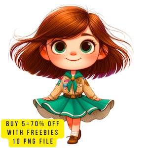 10 süße Cartoon Pfadfinderinnen Clipart PNG, Scout Mädchen in Uniform Clipart, zurück zu Schule Clipart, Pfadfinderin Abzeichen, Girl Power Art