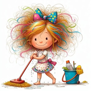 10 Quirky Rainbow Hair Girl Mopping the Floor Clipart JPG, Cute Cartoon Girl Sweeping Cleaning, Quirky Cleaning Lady Illustration Clip Art