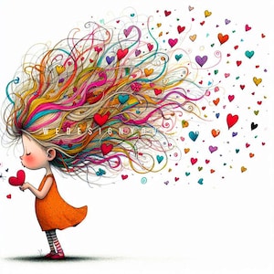 10 Rainbow Hair Quirky Girl with Hearts Clipart JPG, Whimsical Heart Blowing Love Clip Art, Cute Valentine's Clip Art for Kids, Digital Art