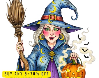 10 halloween heks clipart png, magische heks met pompoen bezemsteel illustraties, spookachtige digitale download voor ambachten, stickers sublimatie