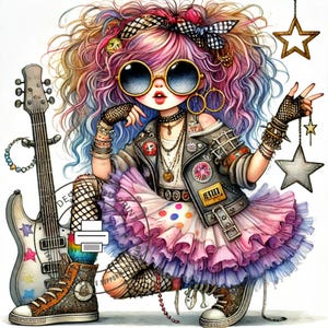 Rockstar Quirky Girl Clip Art-bundel | Clipart-set met schattige muzieksterafbeeldingen | Digitale clip art Quirky Girl Rockstar