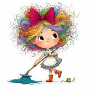 May include: A whimsical illustration of a young girl with rainbow-colored hair and a large pink bow. She's wearing a floral dress, an apron, and orange boots, mopping up a spill. A small toy block is on the floor.