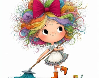 Quirky Rainbow Hair Girl Mopping the Floor Clipart JPG, Cute Cartoon Girl Sweeping Cleaning, Quirky Cleaning Lady Illustration Clip Art