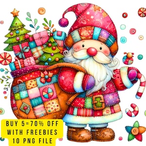 10 Patchwork Santa Claus  Christmas Clipart PNG Transparent, Quilted Holiday Santa, Digital Download,  Christmas Sublimation, Father Xmas