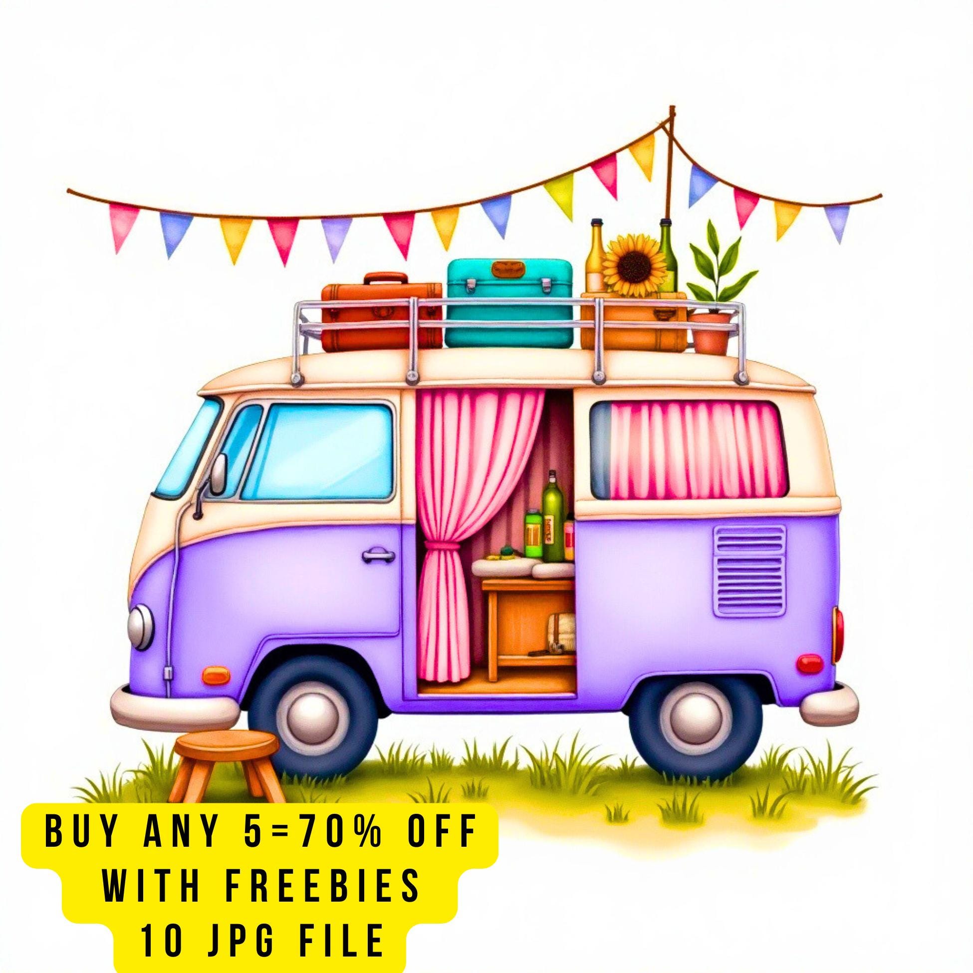 10 Cute Camper Van Clipart, Spring Retro Travel Van, Boho Road Trip ...