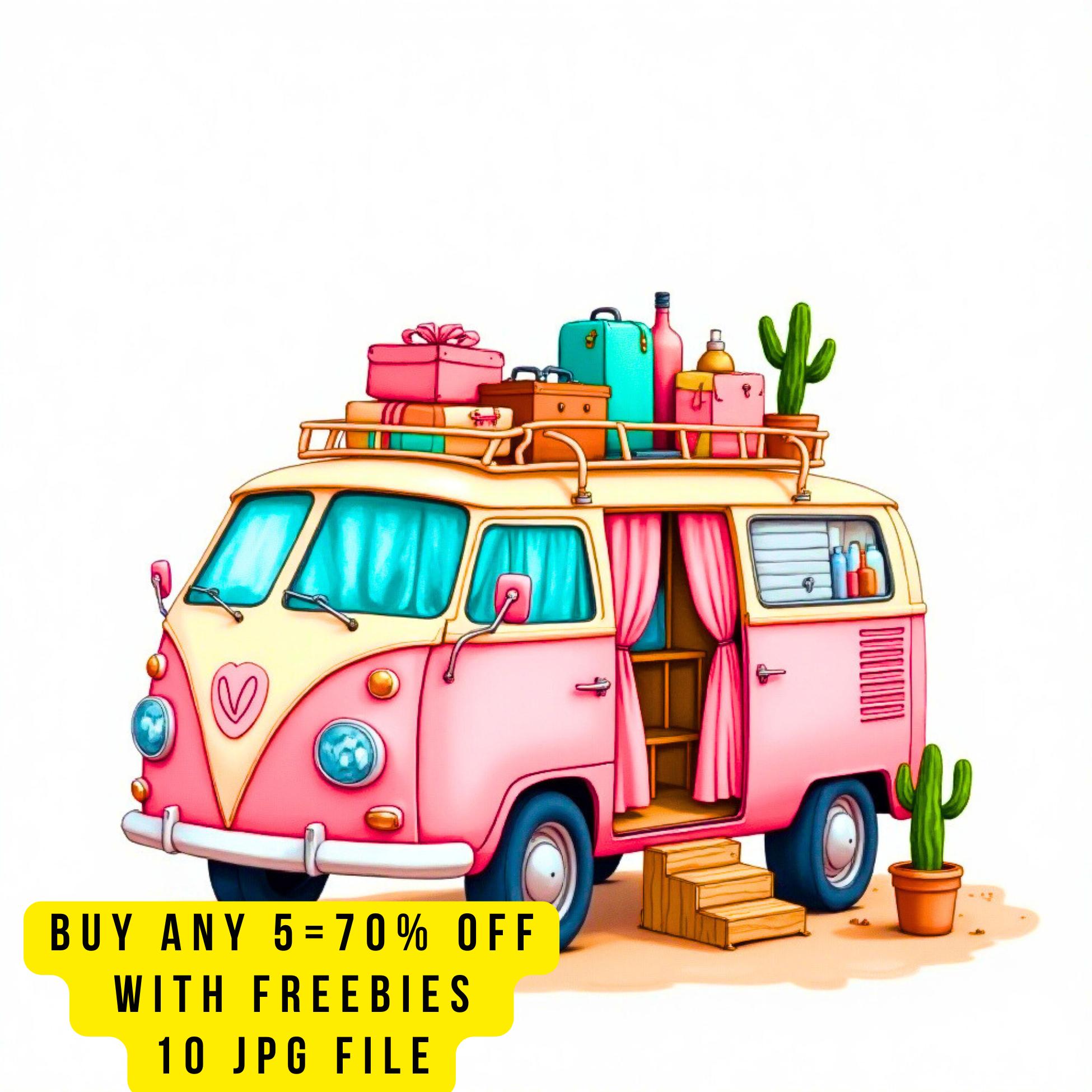 10 Cute Camper Van Clipart, Spring Retro Travel Van, Boho Road Trip ...