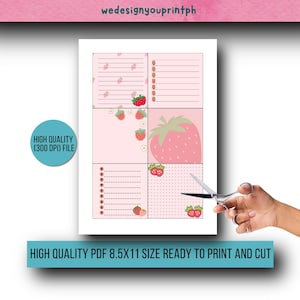 May include: Printable sheet of four pink and white strawberry-themed note cards. Each card has a different design, including a strawberry with white polka dots, a strawberry with white flowers, and a strawberry with white lines. The text "HIGH QUALITY (300 DPI) FILE" is in a circle at the top left of the sheet. The text "HIGH QUALITY PDF 8.5X11 SIZE READY TO PRINT AND CUT" is at the bottom of the sheet.