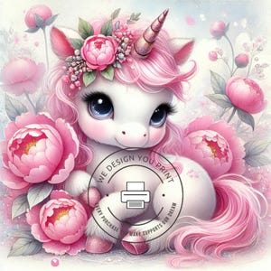 10 Peonies and Unicorns Clipart JPG, Digital Pink Floral Whimsical Unicor Clip Art Set Bundle for Junk Journals Invitations and Scrapbook,