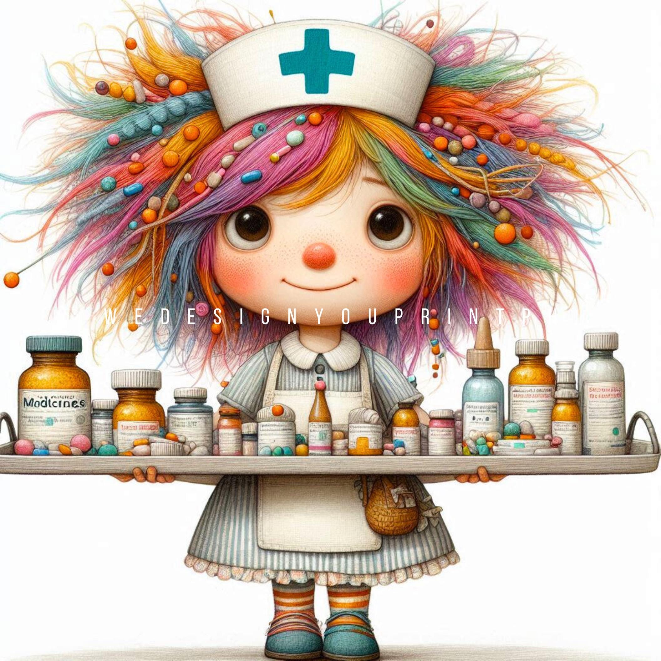 10 かわいい風変わりな看護師クリップアート JPG、虹色の髪の女の子の医者クリップアート JPG、ステッカー、昇華、看護ギフト、アート用のかわいい医療 アート - Etsy 日本, image size:2113x2113