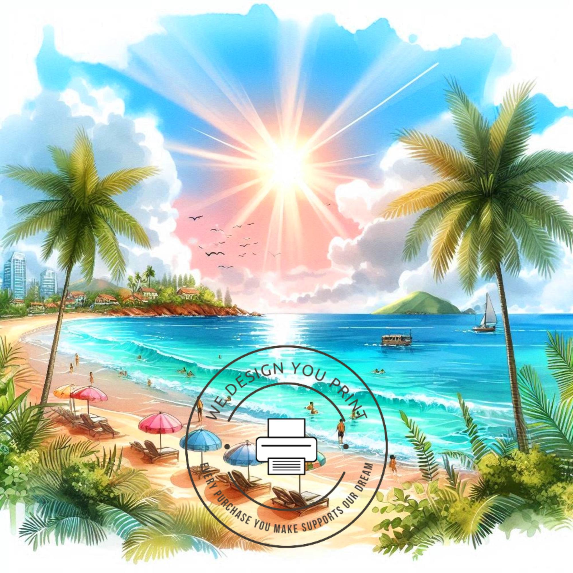 Tropical Summer Beach Clipart PNG, Sunny Summer Vacation Clip Art, Palm ...