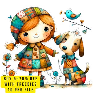 10 Cute Patchwork Girl and Dog Clipart PNG Transparent, Cartoon Girl with Pet Dog Digital Download, Nursery Wall Art Printable, Whimsical