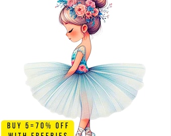 Ballerina Girl Clipart PNG Transparent, Ballet Dancer in Tutu Skirt, Cute Ballet Printable, Floral Tutu Art, Ballet Sublimation Design