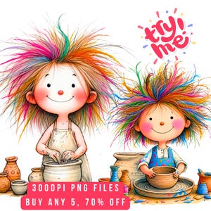 May include: Two cartoon characters with wild, multi-colored hair are shaping clay pots on pottery wheels. The image includes the text "try me" in red and a pink banner with the text "300DPI PNG FILES BUY ANY 5, 70% OFF".