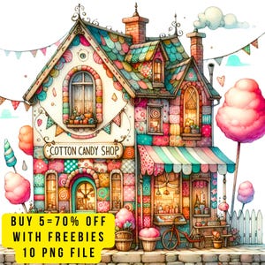 10 Cute Cotton Candy Shop Clipart PNG Transparent Pastel Kawaii Candy Store Clip Art,  Sweet Shop Sublimation,  Kids Party Printables