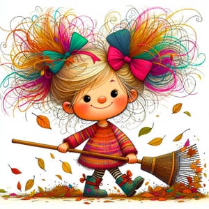 May include: A cheerful cartoon illustration of a young child raking leaves. The child has blonde hair with colorful bows and is wearing a striped sweater, boots, and socks. Autumn leaves are scattered around the child and the rake.