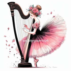 10 Elegant Ballerina Girl Playing Harp Clip Art JPG, Harp Musician Ballet Girl Clipart, Girl in Tutu Dress Digital Instant Download Clip Art