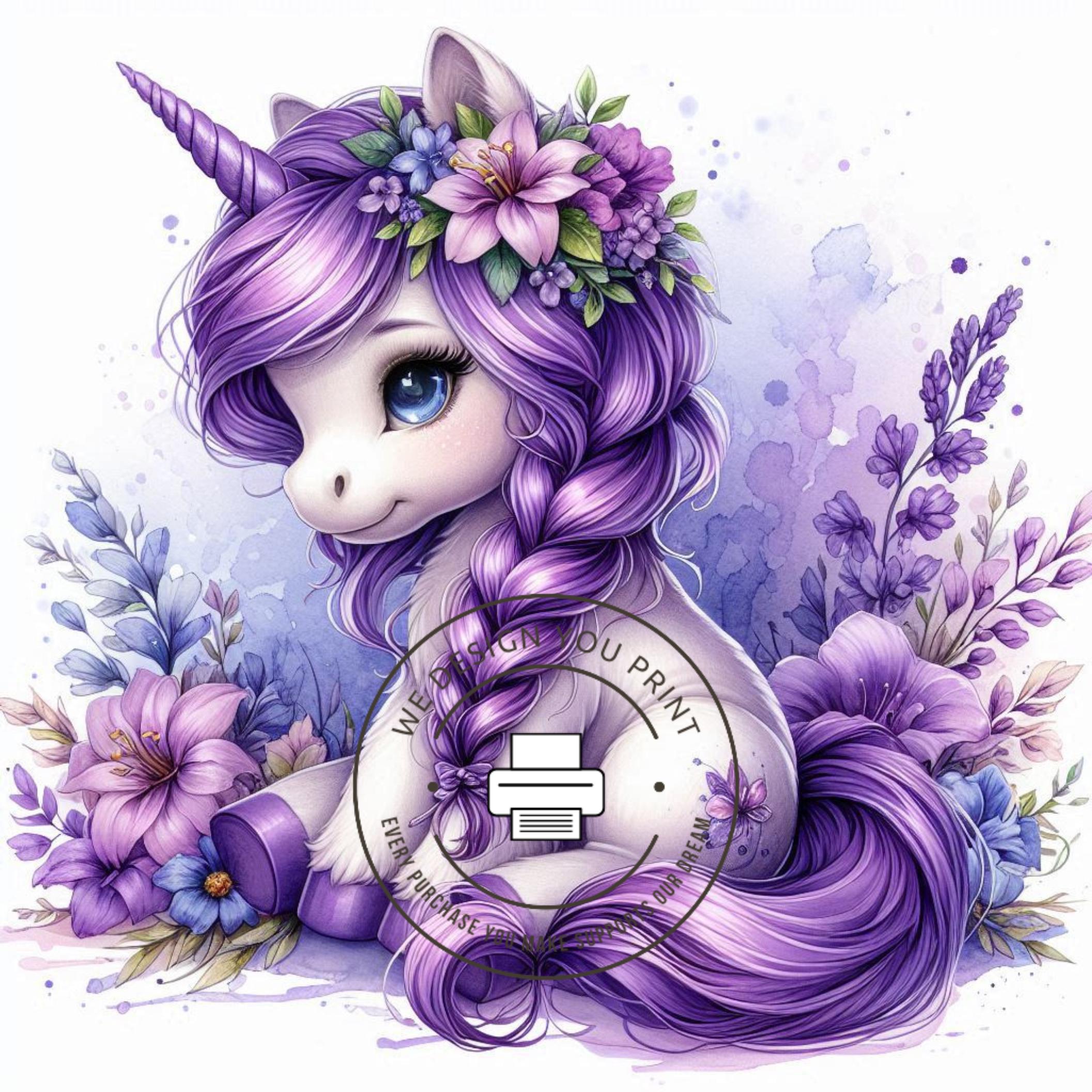 10 Purple Floral Unicorn Clipart JPG, Fantasy Unicorn, Cute Kawaii ...