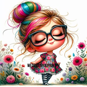 10 süße Mädchen Clipart mit Brille und Blumen JPG, Blumenkleid Mädchen Clip Art, wunderliche Cartoon Mädchen meditieren geschlossene Augen, Kinder Wand Kunst