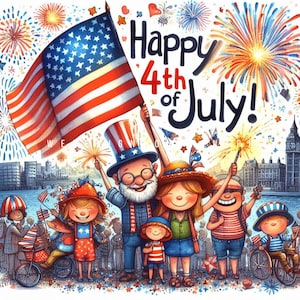 Paquete de imágenes prediseñadas del 4 de julio, ilustración patriótica para niños y fuegos artificiales, Día de la Independencia (JPG), arte estadounidense en rojo, blanco y azul para manualidades de sublimación.