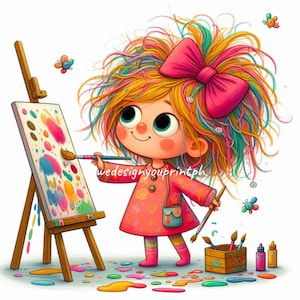 Puede incluir: Una niña con el pelo de colores y un lazo rosa pinta en un caballete de lienzo. Está rodeada de salpicaduras de pintura de colores y tiene una caja de pinceles y botellas de pintura.