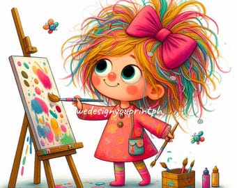 10 Quirky Cute Girl Painter Clip Art JPG, Colorful Artist Kid Illustration, Whimsical Art Girl with Brush, Childrens Art Studio Wall Decor,