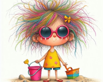 10 strand eigenzinnig meisje clipart JPG, zomer kind illustraties, schattig meisje met zandemmer, zomer oceaan vakantie cartoon afdrukbare illustratie