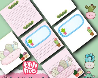 Puede incluir: Bloc de notas imprimible con seis diseños lindos con cactus y suculentas. Cada página tiene un diseño diferente con papel rayado para escribir notas. El texto en el bloc de notas dice "Try Me! Printable Memo Pad 6 Cute Designs".