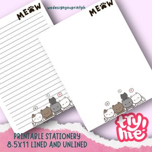 Papel de carta con diseño de gato para imprimir / Papel rayado y sin rayar / Papel de carta con diseño de gato kawaii / Descarga digital / Tamaño 8,5 x 11