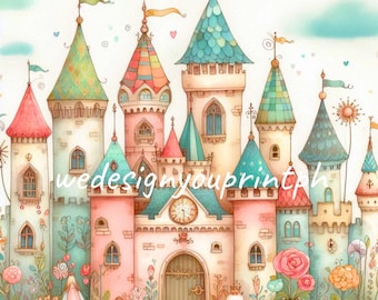 Images clipart de châteaux de contes de fées, château fantastique pastel (PNG), château de princesse à télécharger, illustrations imprimables mignonnes pour enfants, images clipart de royaume magique