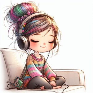 10 Cute Girl Listening to Music Clipart JPG, Rainbow Hair Headphones Clip Art, Digital Instant Printable Cozy Cartoon Girl for Journals Art