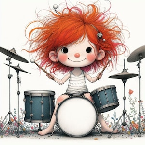 10 Quirky Drummer Girl Clipart JPG,  Cute Redhead Girl Playing Drums Clip Art, Rock Music Kids Illustration for Sublimation, Crafts, Sticker