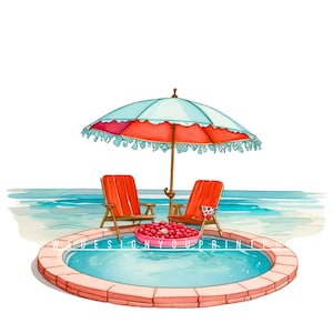 10 sommarpool-clipart, 10 PNG transparent bakgrund och 10 JPG-pool-clipart, strandparasoll-loungestol-clipart, pooldagskonst