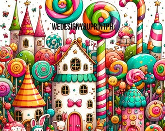 10 Sweet Candyland Clipart JPG,  Fantasy Candy House Clip Art, Cute Fairy Tale Town Illustration, Sweet Lollipop Village, Kids Party Art
