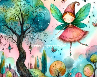 10 Whimsical Fairy Clipart JPG, Fantasy Girl and Tree,  Cute Woodland Elf Art, Magical Forest Printable, Kids Room Wall Art Digital Download