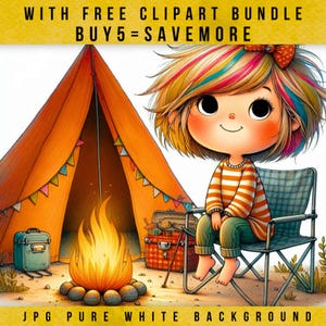 10 jolie fille camping d'été avec feu de joie Clipart cheveux blonds JPG, jolie fille camping clipart, aventure estivale en plein air camping jolie fille
