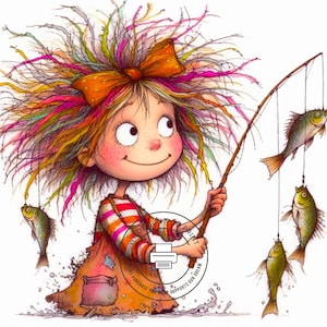 10 Whimsical Girl Fishing Clipart, High Quality 300 DPI JPG White Background, Digital Instant Download Printable Clip Art Set