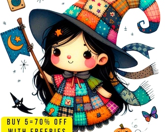 10 Cute Halloween Witch Clipart PNG Transparent, Kawaii Fall Autumn Girl, Pastel Halloween Bats Pumpkins, Whimsical Halloween Witch Clip Art