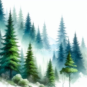 10 Clipart JPG de forêt de pins brumeux, paysage boisé à feuilles persistantes couleur aquarelle, art de la sublimation arbre vert, scène de la nature en téléchargement numérique,