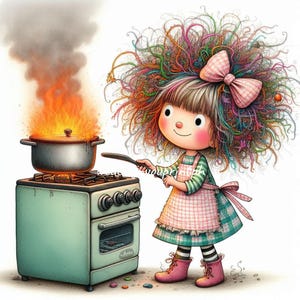 10 divertidas imágenes prediseñadas de chicas cocineras peculiares en formato JPG, caricatura de chica de pelo salvaje con ollas en llamas, arte caprichoso de chef, arte digital instantáneo