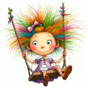 10 Whimsical Girl Clipart on Swing JPG, Cute Rainbow Hair Cartoon Girl, Cute Kids Clip Art, Instant Download Printable Nursery Wall Art,