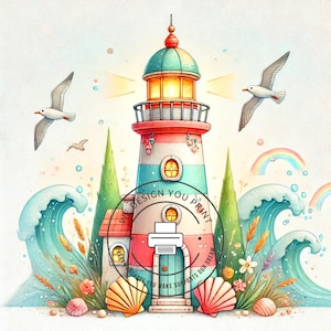 10 Whimsical Lighthouse Clipart JPG | Coastal Cottage Digital Art | Seaside Fantasy Illustration | Nautical Watercolor Print | Ocean Theme