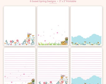 Puede incluir: Seis blocs de notas imprimibles con diseños de primavera. Cada bloc mide 7,62 cm por 7,62 cm y muestra ilustraciones de bicicletas, flores, hierba y nubes. Algunos diseños incluyen líneas horizontales para escribir notas.