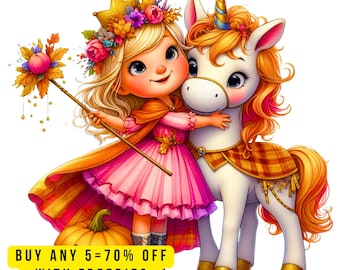 10 Fall Princess Unicorn PNG Clipart, Fall Girl Autumn Pumpkin Fairy Clip Art, Pretty Kids Thanksgiving DIY Card Journal Images Scrapbooking